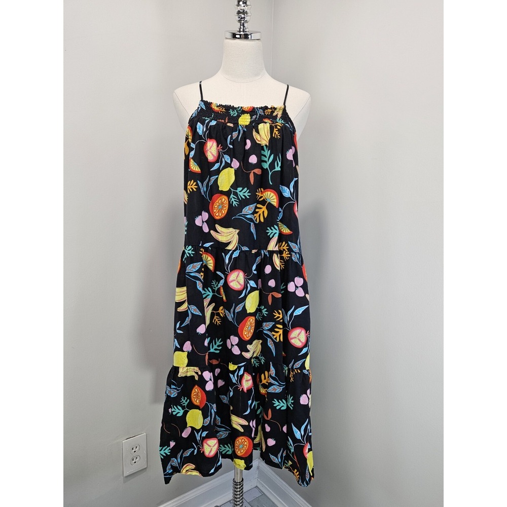 J Crew Women Black Tropical Fruit Tiered Cotton Midi Dress Small Sleeveless